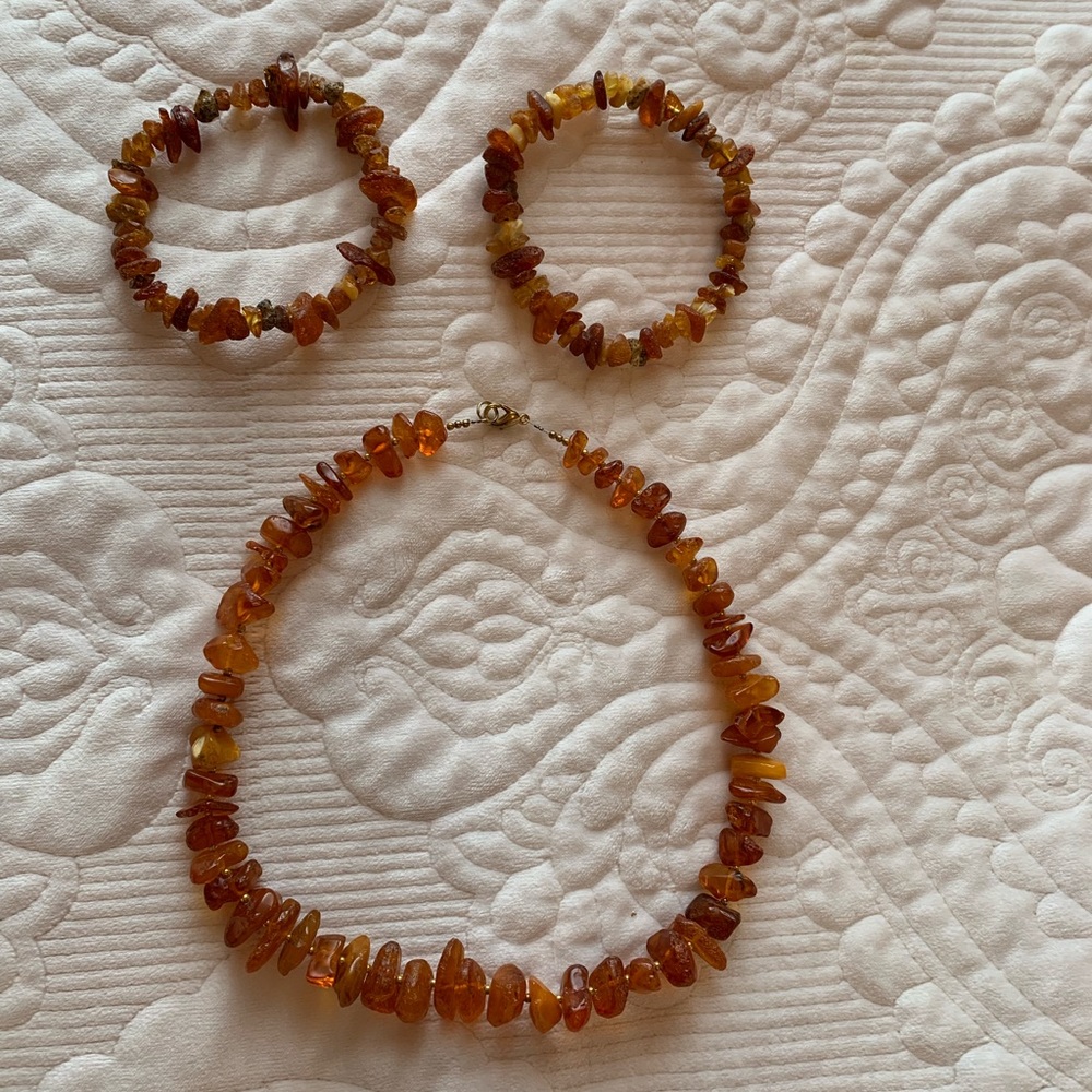 Raw genuine Amber set necklace with two bracelets